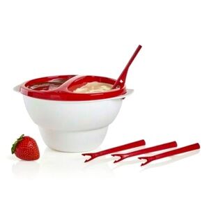 Tupperware Red White Chic Dining Dipper Divided Fondue Bowl Set W/ Dipping Forks